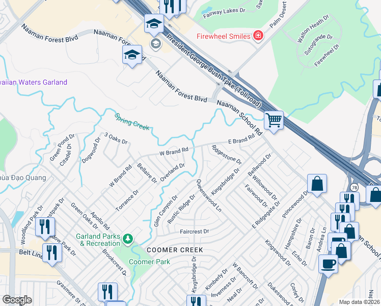 map of restaurants, bars, coffee shops, grocery stores, and more near 302 West Brand Road in Garland
