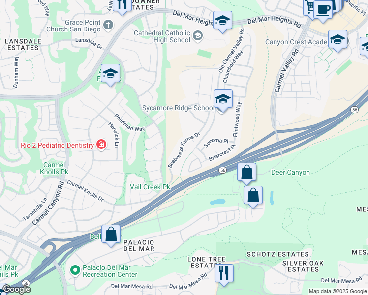 map of restaurants, bars, coffee shops, grocery stores, and more near 12817 Seabreeze Farms Drive in San Diego