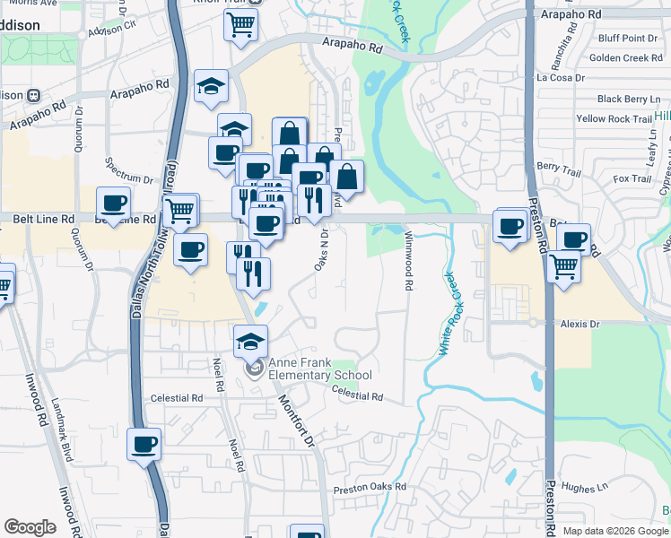 map of restaurants, bars, coffee shops, grocery stores, and more near 14990 Trafalgar Court in Dallas