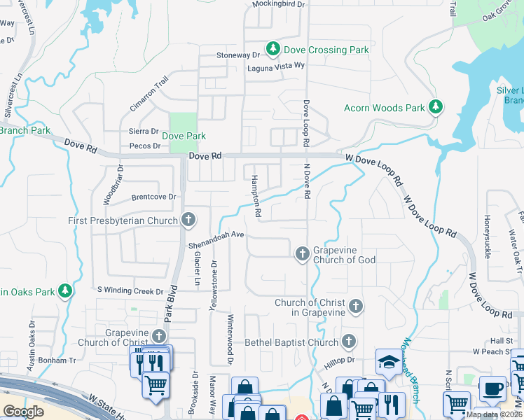 map of restaurants, bars, coffee shops, grocery stores, and more near 1456 Hampton Road in Grapevine