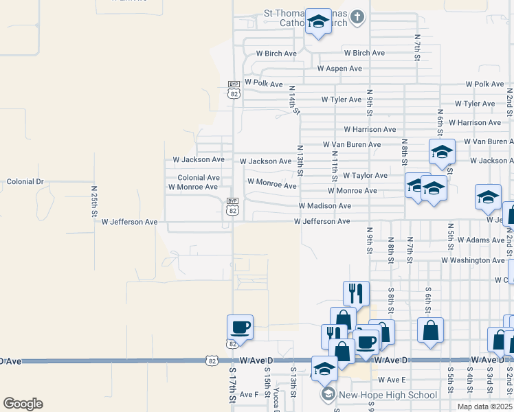 map of restaurants, bars, coffee shops, grocery stores, and more near 1501 West Madison Avenue in Lovington