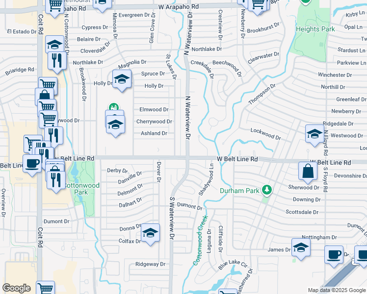 map of restaurants, bars, coffee shops, grocery stores, and more near 104 North Waterview Drive in Richardson