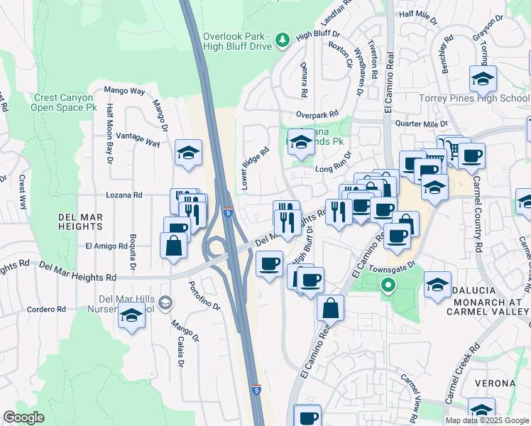 map of restaurants, bars, coffee shops, grocery stores, and more near 3510 Voyager Circle in San Diego