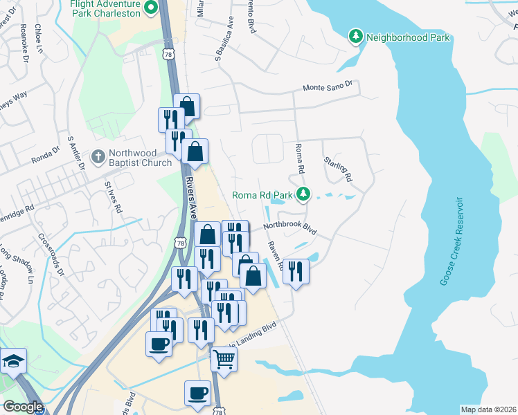 map of restaurants, bars, coffee shops, grocery stores, and more near 1706 Falcon Cove Lane in Hanahan