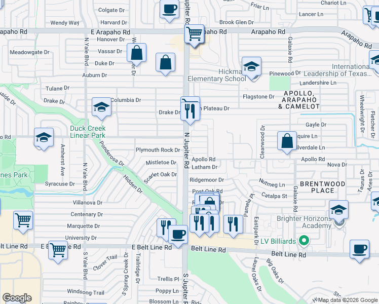 map of restaurants, bars, coffee shops, grocery stores, and more near 3426 Aquarius Circle in Garland