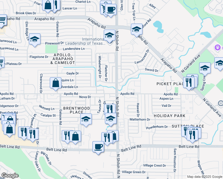 map of restaurants, bars, coffee shops, grocery stores, and more near 2310 Apollo Road in Garland