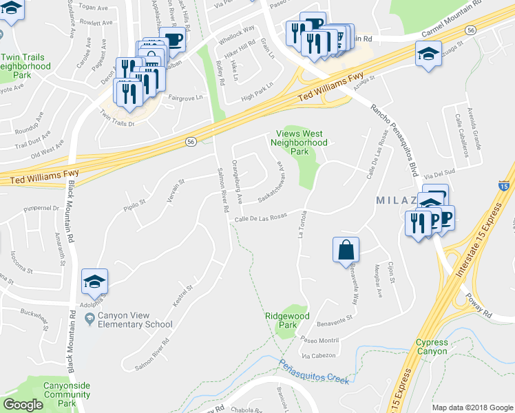 map of restaurants, bars, coffee shops, grocery stores, and more near 9641 Saskatchewan Ave in San Diego