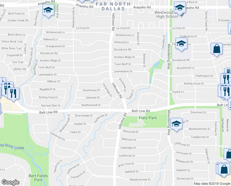 map of restaurants, bars, coffee shops, grocery stores, and more near 14919 Hillcrest Road in Dallas
