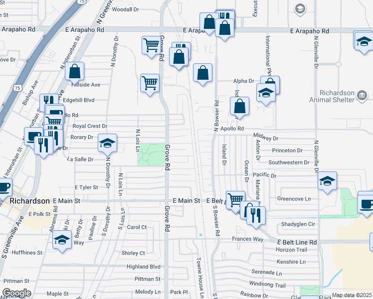 map of restaurants, bars, coffee shops, grocery stores, and more near 634 Terrace Drive in Richardson