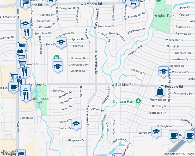 map of restaurants, bars, coffee shops, grocery stores, and more near 104 North Waterview Drive in Richardson