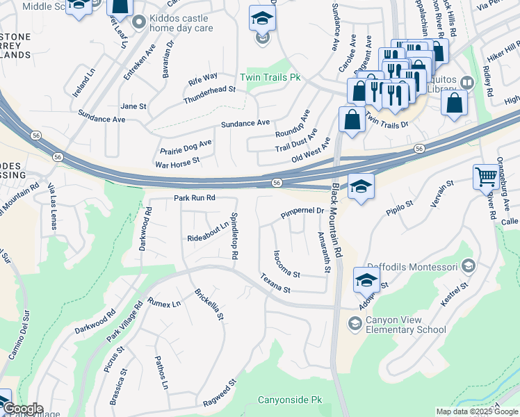 map of restaurants, bars, coffee shops, grocery stores, and more near 12985 Texana St in San Diego