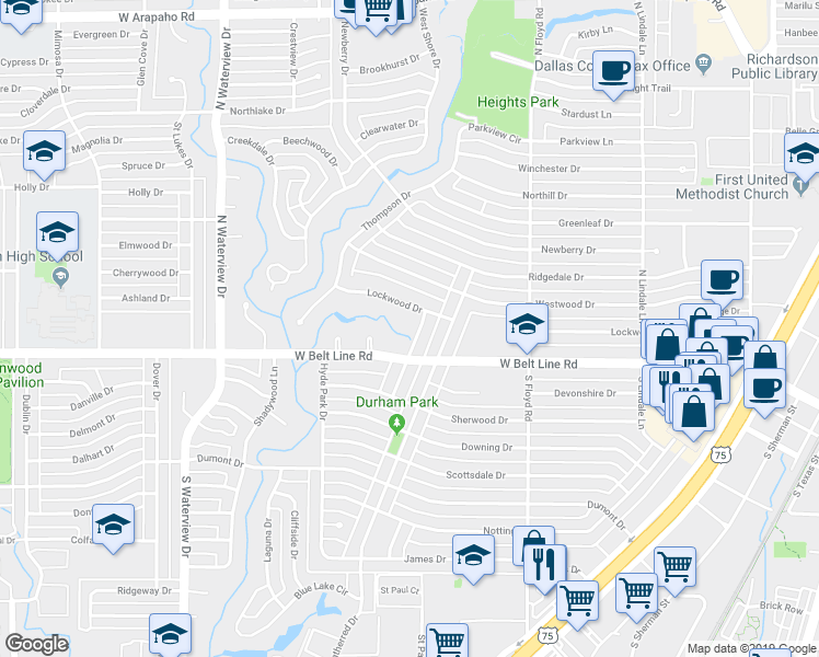 map of restaurants, bars, coffee shops, grocery stores, and more near 105 North Gentle Drive in Richardson