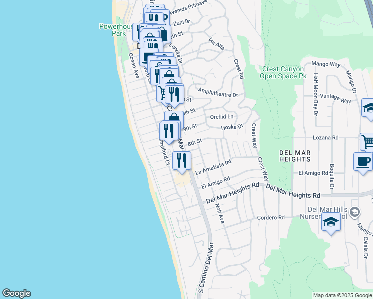 map of restaurants, bars, coffee shops, grocery stores, and more near 771 Camino Del Mar in Del Mar