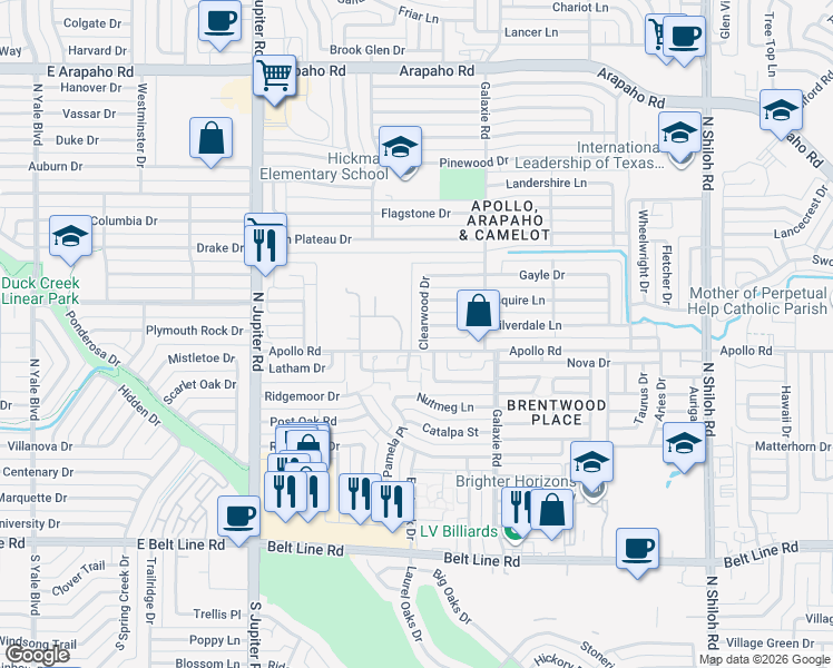 map of restaurants, bars, coffee shops, grocery stores, and more near 3809 Clearwood Dr in Garland