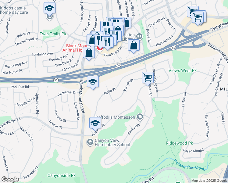 map of restaurants, bars, coffee shops, grocery stores, and more near 9415 Pipilo Street in San Diego