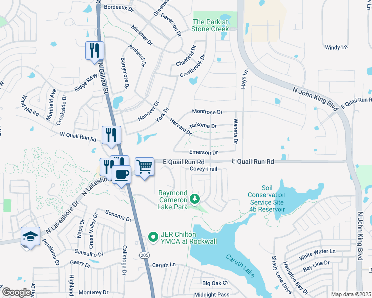 map of restaurants, bars, coffee shops, grocery stores, and more near 430 Emerson Drive in Rockwall