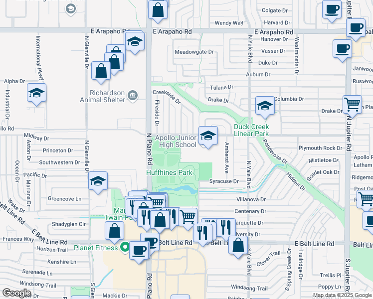 map of restaurants, bars, coffee shops, grocery stores, and more near 1500 Apollo Road in Richardson