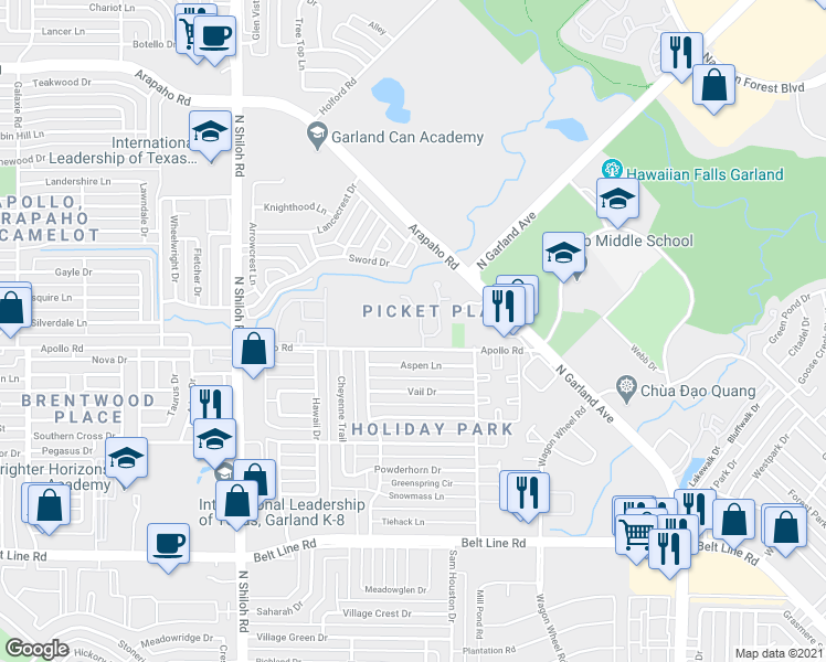 map of restaurants, bars, coffee shops, grocery stores, and more near 3821 Pickett Place Drive in Garland