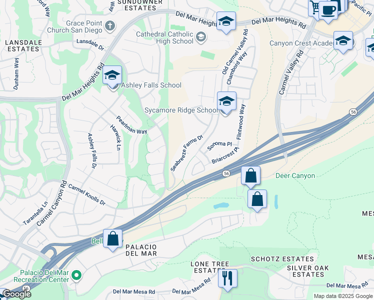 map of restaurants, bars, coffee shops, grocery stores, and more near 12817 Seabreeze Farms Drive in San Diego