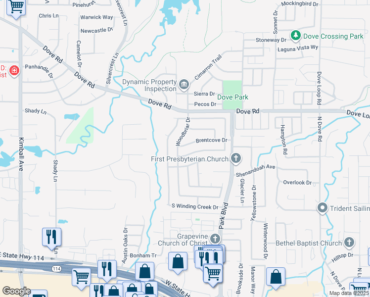 map of restaurants, bars, coffee shops, grocery stores, and more near 2149 Brentcove Drive in Grapevine