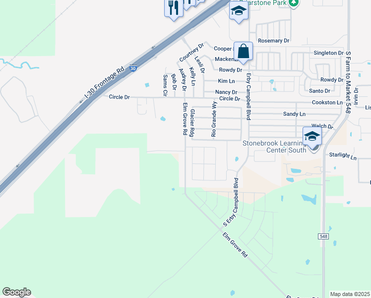 map of restaurants, bars, coffee shops, grocery stores, and more near 2346 Elm Grove Road in Royse City