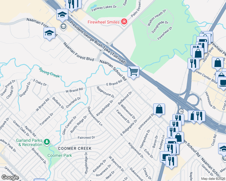 map of restaurants, bars, coffee shops, grocery stores, and more near 3805 Creststone Drive in Garland
