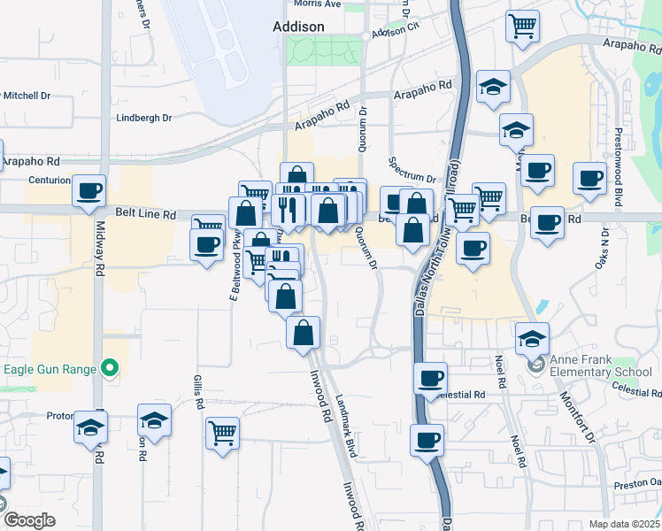 map of restaurants, bars, coffee shops, grocery stores, and more near 14930 Landmark Boulevard in Dallas