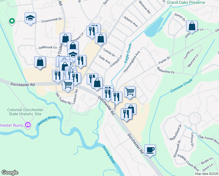 map of restaurants, bars, coffee shops, grocery stores, and more near 119 Alma Drive in Ladson