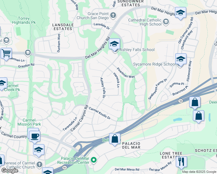map of restaurants, bars, coffee shops, grocery stores, and more near 4968 Hidden Dune Court in San Diego