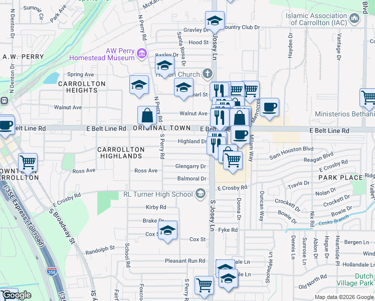 map of restaurants, bars, coffee shops, grocery stores, and more near 1817 Tartan Dr in Carrollton