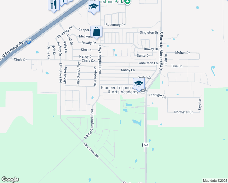 map of restaurants, bars, coffee shops, grocery stores, and more near 425 Ame Lane in Royse City