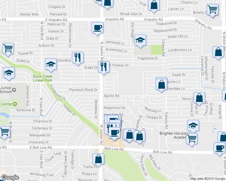 map of restaurants, bars, coffee shops, grocery stores, and more near 3402 Aquarius Circle in Garland