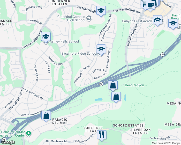 map of restaurants, bars, coffee shops, grocery stores, and more near 5408 Sonoma Place in San Diego