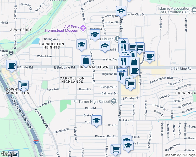 map of restaurants, bars, coffee shops, grocery stores, and more near 1805 Tartan Drive in Carrollton