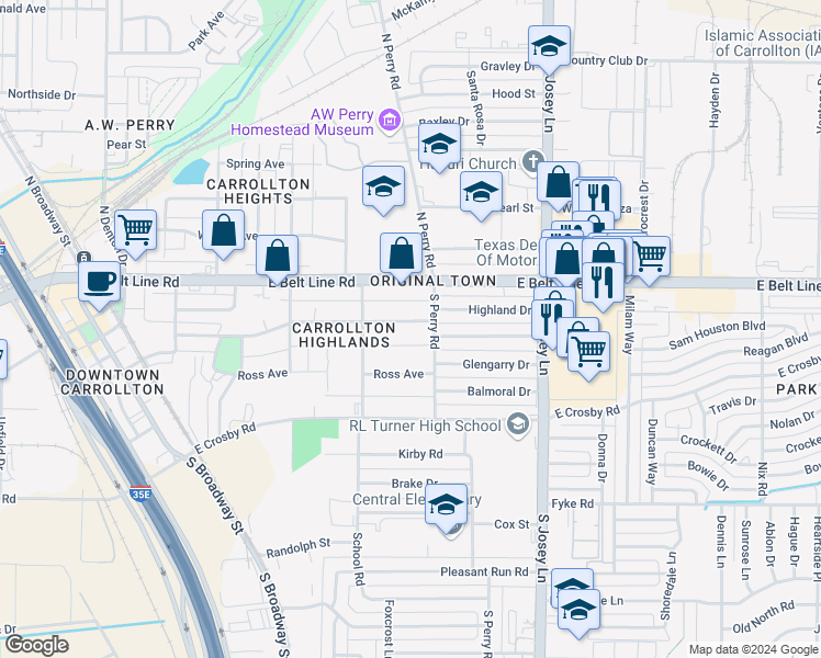 map of restaurants, bars, coffee shops, grocery stores, and more near 1710 Francis Street in Carrollton