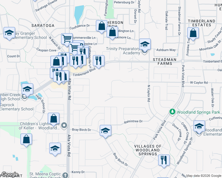 map of restaurants, bars, coffee shops, grocery stores, and more near 4900 Sunset Circle South in Keller