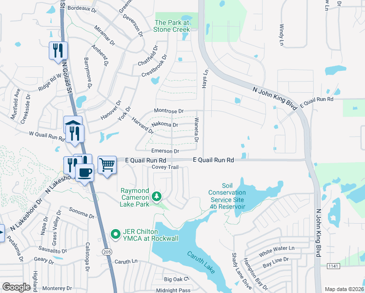 map of restaurants, bars, coffee shops, grocery stores, and more near 614 Emerson Drive in Rockwall
