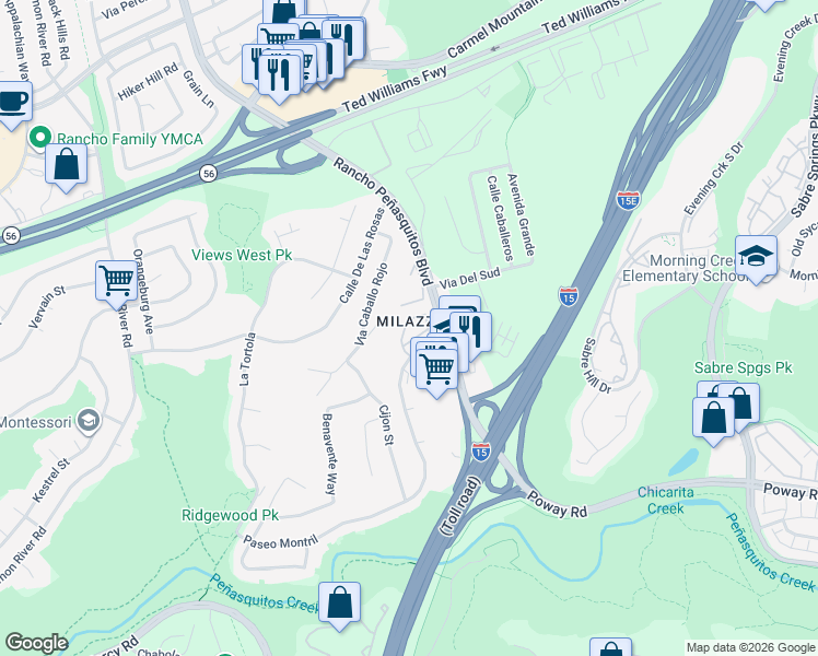 map of restaurants, bars, coffee shops, grocery stores, and more near 10024 Paseo Montril in San Diego