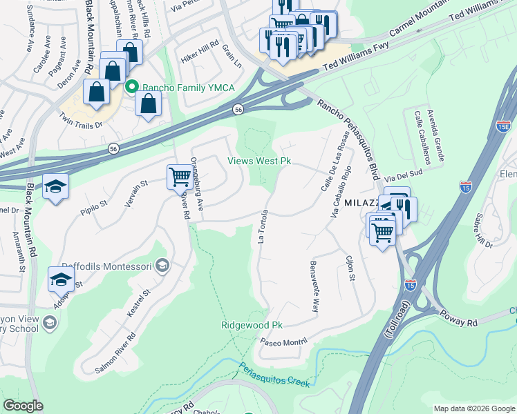 map of restaurants, bars, coffee shops, grocery stores, and more near 12798 Calle De Las Rosas in San Diego