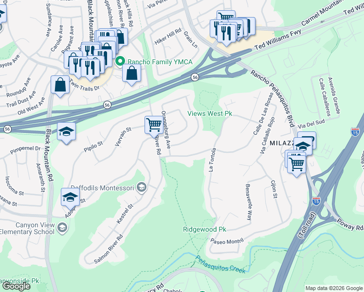 map of restaurants, bars, coffee shops, grocery stores, and more near 9641 Saskatchewan Avenue in San Diego