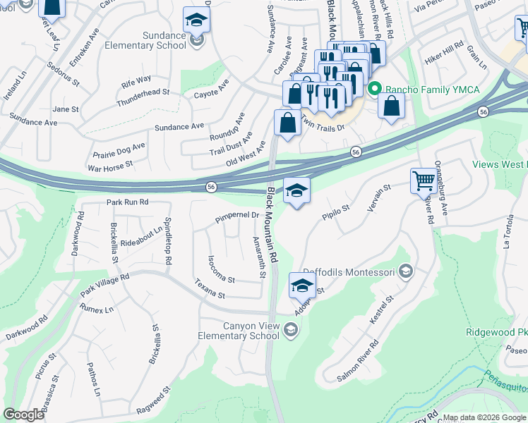 map of restaurants, bars, coffee shops, grocery stores, and more near 9196 Pimpernel Drive in San Diego