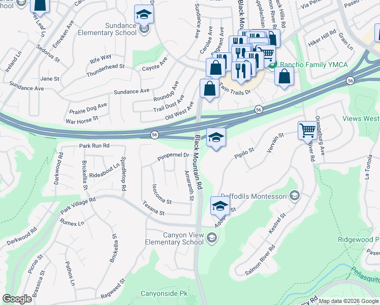 map of restaurants, bars, coffee shops, grocery stores, and more near 9196 Pimpernel Drive in San Diego