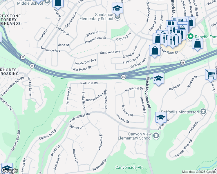 map of restaurants, bars, coffee shops, grocery stores, and more near 12646 Spindletop Road in San Diego
