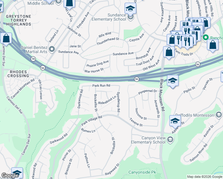 map of restaurants, bars, coffee shops, grocery stores, and more near 8704 Creekwood Lane in San Diego