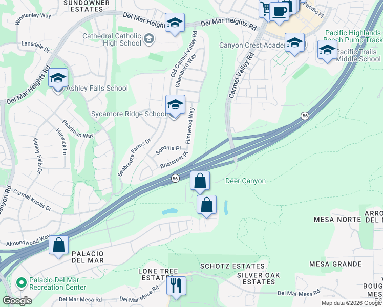 map of restaurants, bars, coffee shops, grocery stores, and more near 12875 Flintwood Way in San Diego