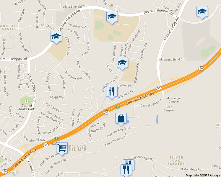 map of restaurants, bars, coffee shops, grocery stores, and more near 12817 Seabreeze Farms Drive in San Diego