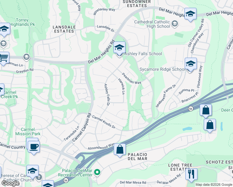 map of restaurants, bars, coffee shops, grocery stores, and more near 4968 Hidden Dune Court in San Diego