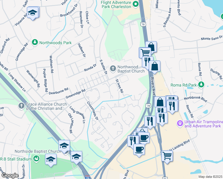 map of restaurants, bars, coffee shops, grocery stores, and more near 2225 Greenridge Road in North Charleston