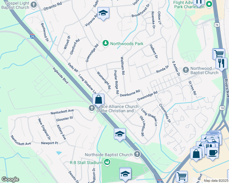 map of restaurants, bars, coffee shops, grocery stores, and more near 8121 Poplar Ridge Road in North Charleston