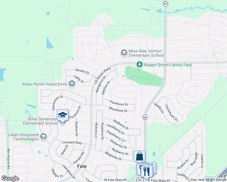 map of restaurants, bars, coffee shops, grocery stores, and more near 320 Hawthorn Drive in Rockwall
